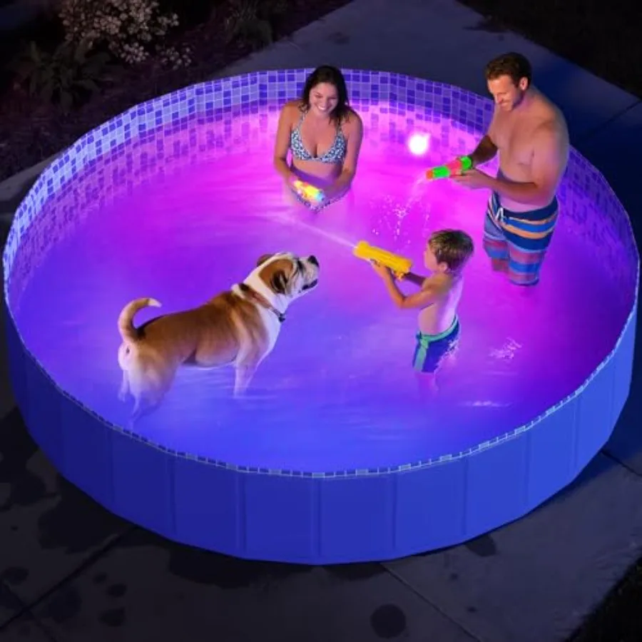 Piscina Plegable para Perros con Luz LED RGB, Piscina Infantil de Plástico Rígido Plegable de 87 Pulgadas con Control Remoto para Perros Pequeños, Medianos y Grandes