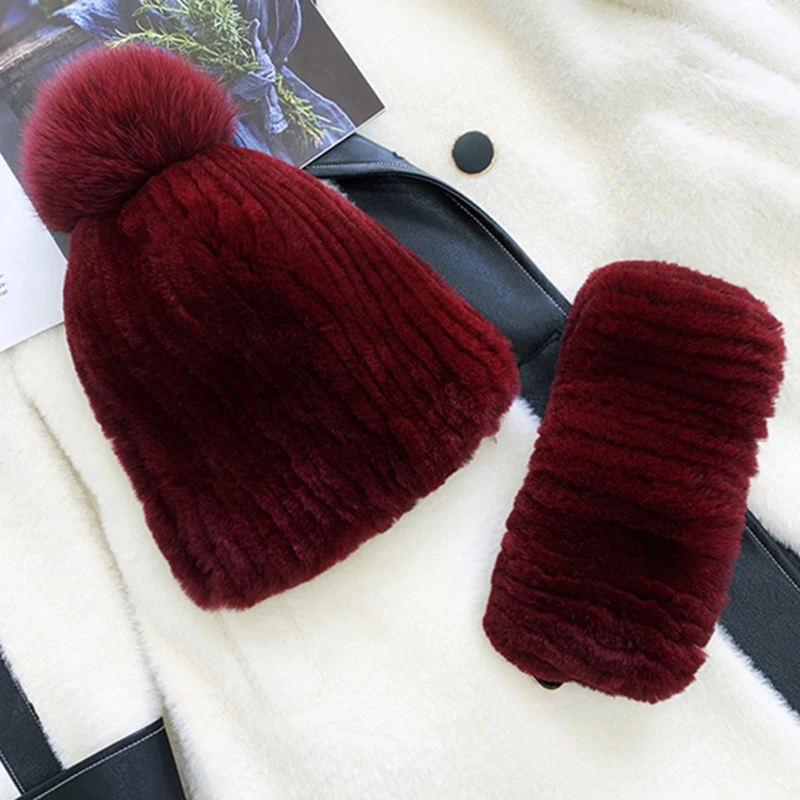 New Good Elastic Girls Natural Fur Scarves Hats Sets Winter Women Warm Real Rex Rabbit Fur Scarf Hat Set Knitted Fur Muffler Cap