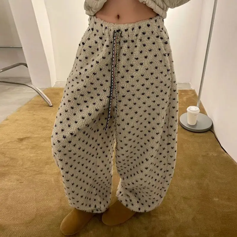 Love Polka Dots-broek Koreaanse herfst en winter Woon-werkverkeer Wollen geruite broek Losse rechte casual broek met trekkoord Nieuw