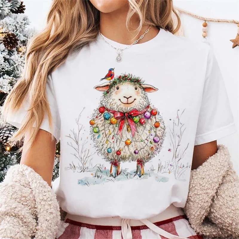 Street Style Christmas Sheep Women's Festival T-Shirt Pattern Basic Fashion Regular Round Neck Short Sleeve Winter Cute T-Shirt