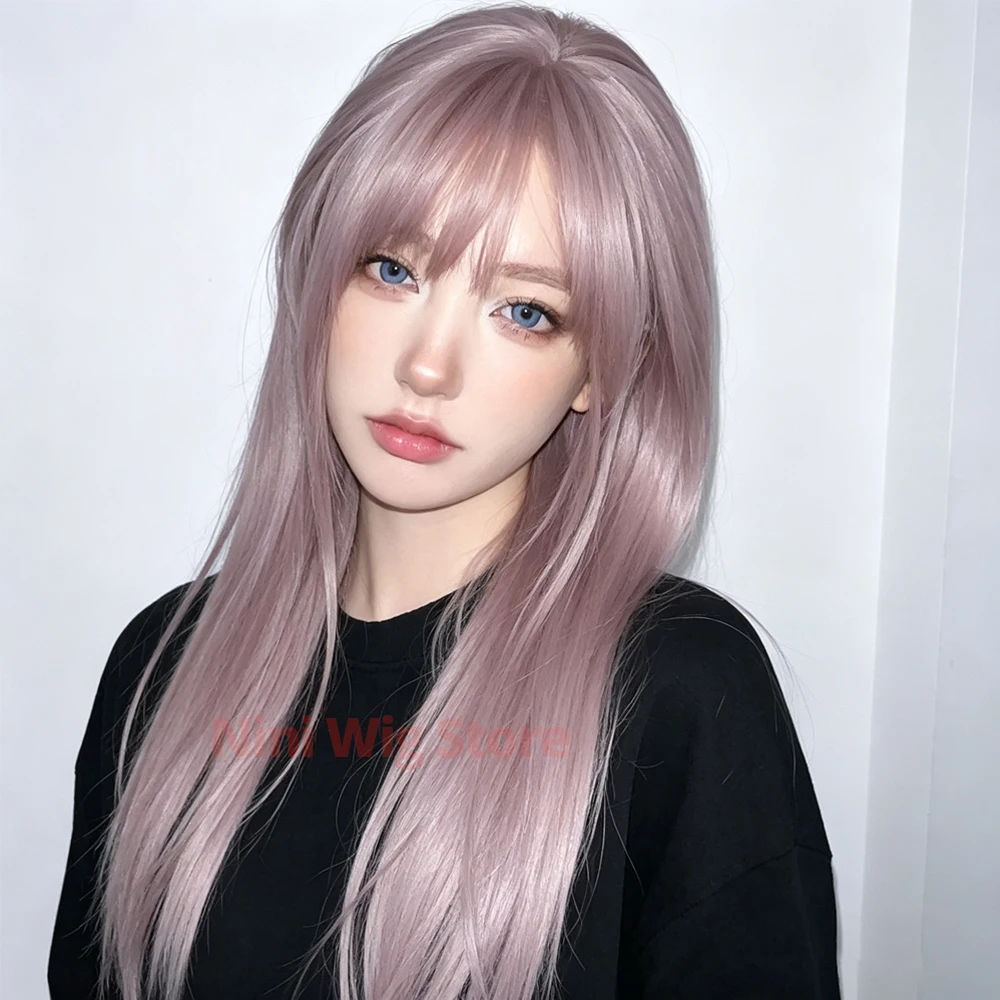 Ash Purple Wig with Bangs for Women Lolita Cute Daily Use Cosplay Wigs High Quality Long Straight Synthetic Wig Heat Resistant