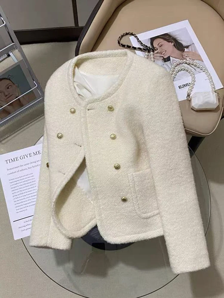 

Корейские элегантные твидовые куртки женские Y2K весенние свободные двубортные пальто с длинными рукавами Harajuku офисная женская роскошная верхняя одежда с круглым вырезом