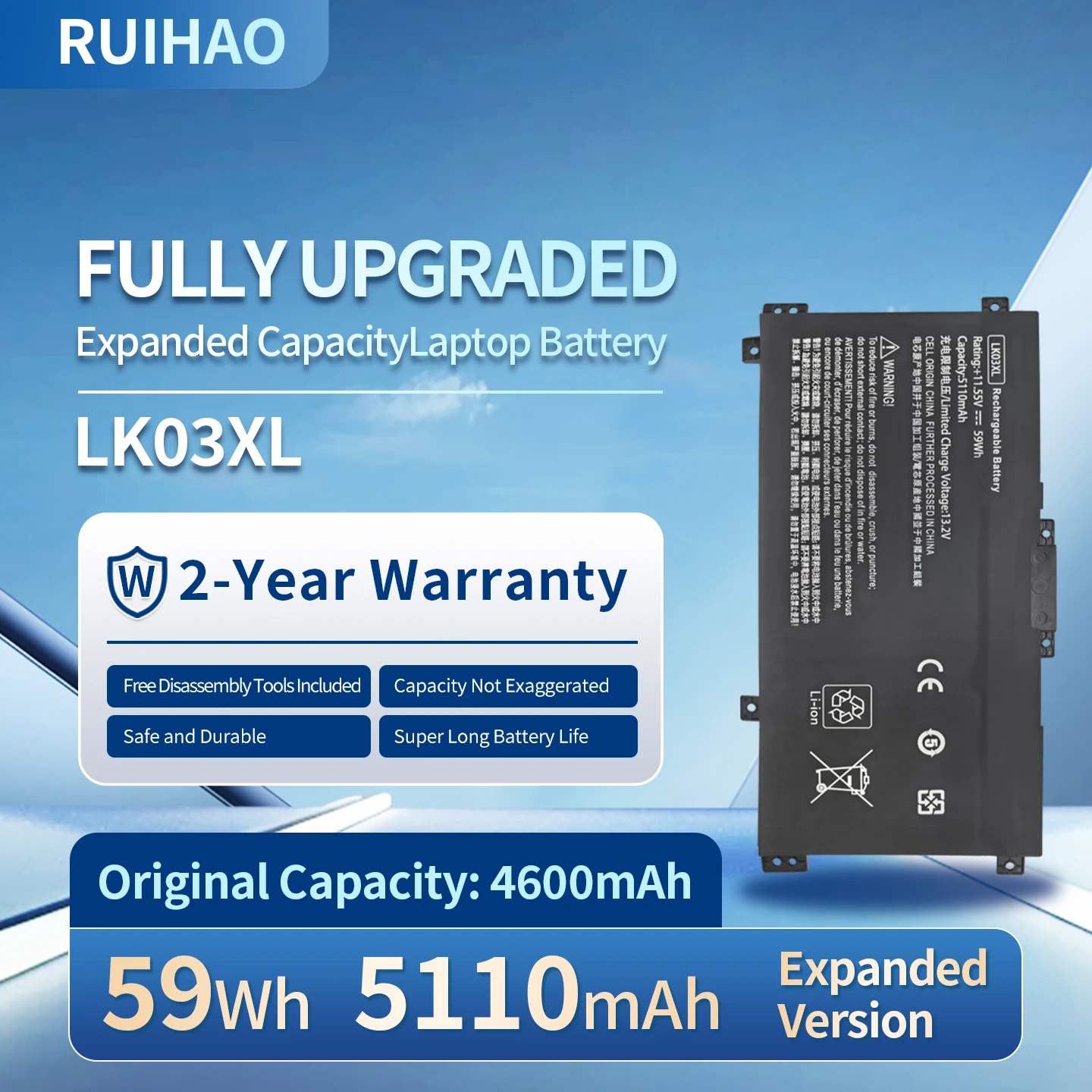 LK03XL 59Wh 11.55V Higher Capacity Replacement Laptop Battery for HP 15-cn0005TX bp103TX TPN-W127 W134