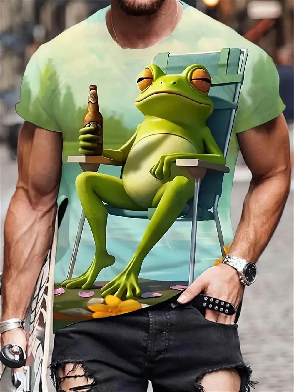 

Funny 3D Frog Drinking Beer Pattern Printed Men's T-shirt Summer Casual Daily Street Short Sleeve T-shirt Extra Large Men's top