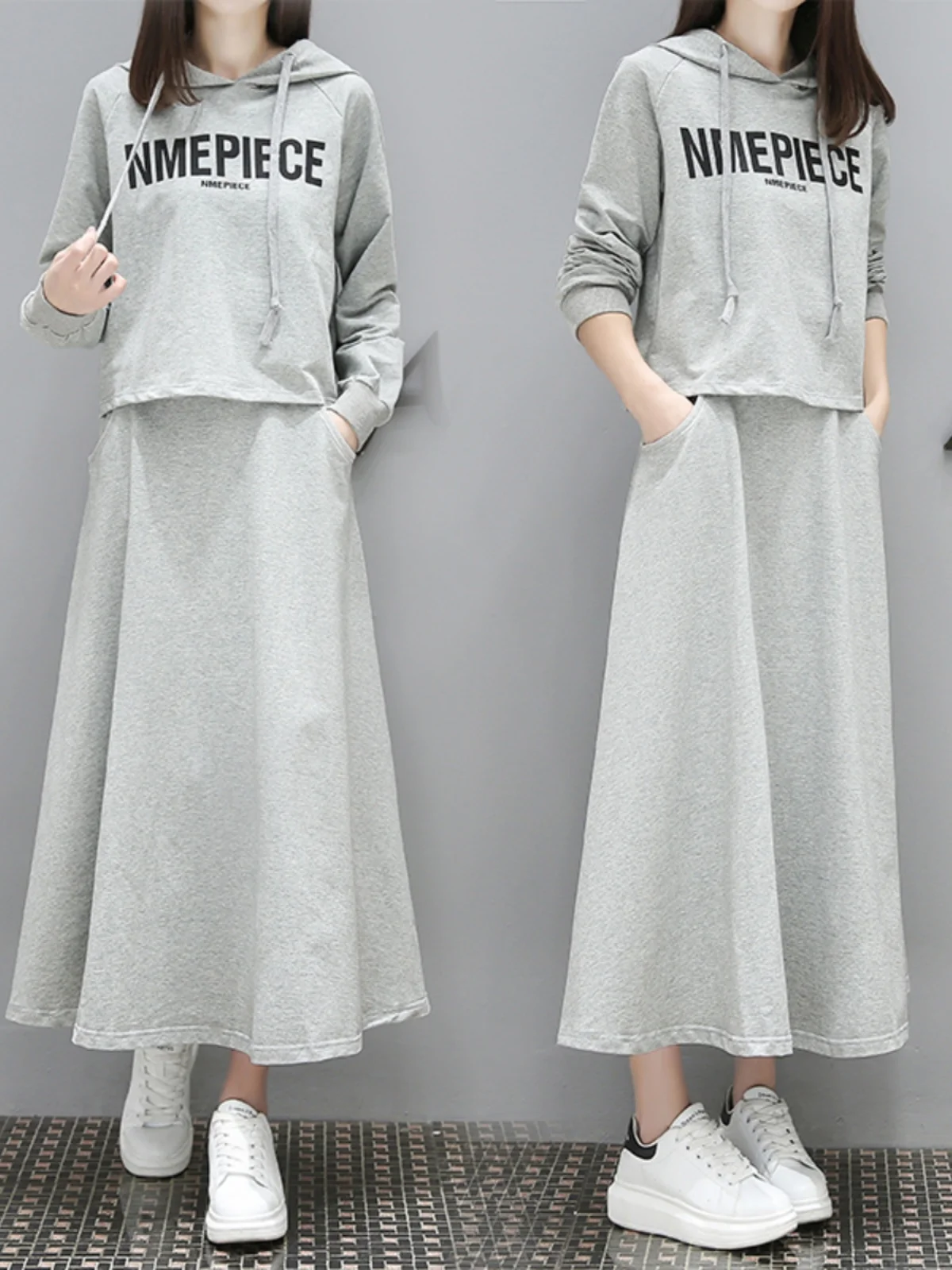 طقم فستان هودي أنيق للتنحيف بمقاسات كبيرة يغطي البطن، تصميم شبابي جذاب لخريف 2024 بأكمام طويلة من البوليستر