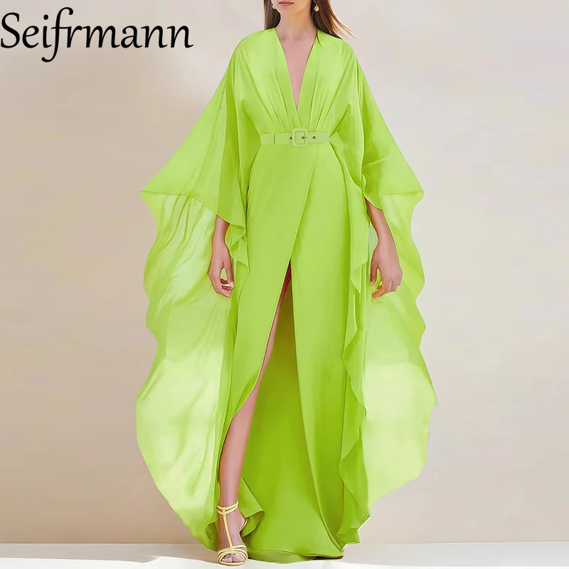 Seifrmann Modedesign Damenkleid, tiefer V-Ausschnitt, fliegende Ärmel, Schnürung, schmal, einfarbig, elegante Party-Abschlussballkleider