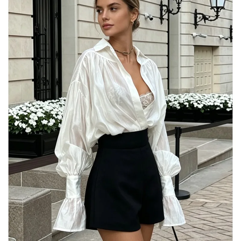 

Street Style Solid Color Sexy See-through Lightweight Women's Long Sleeve Blouse Spring Autumn New Fashion Pleated Button Blouse