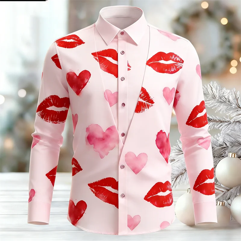 New men's long sleeved shirt casual and fashionable 3D heart-shaped print high-end lapel long sleeved shirt