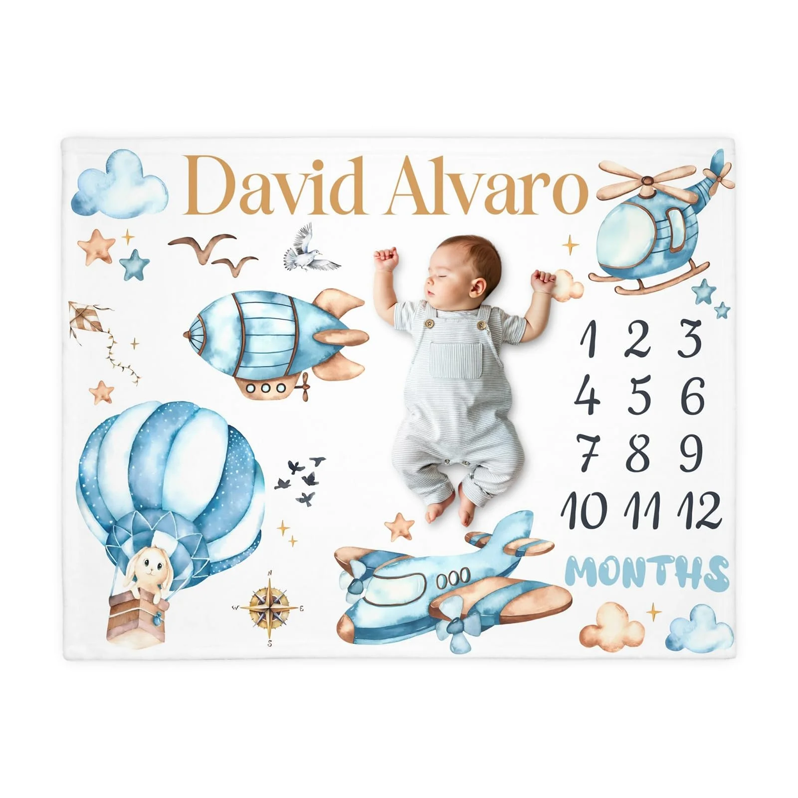 VIKAMA Aviation Baby Monthly Milestone Blanket, Airplane Hot Air Balloon Newborn Photo Mat for Boys Nursery Decor