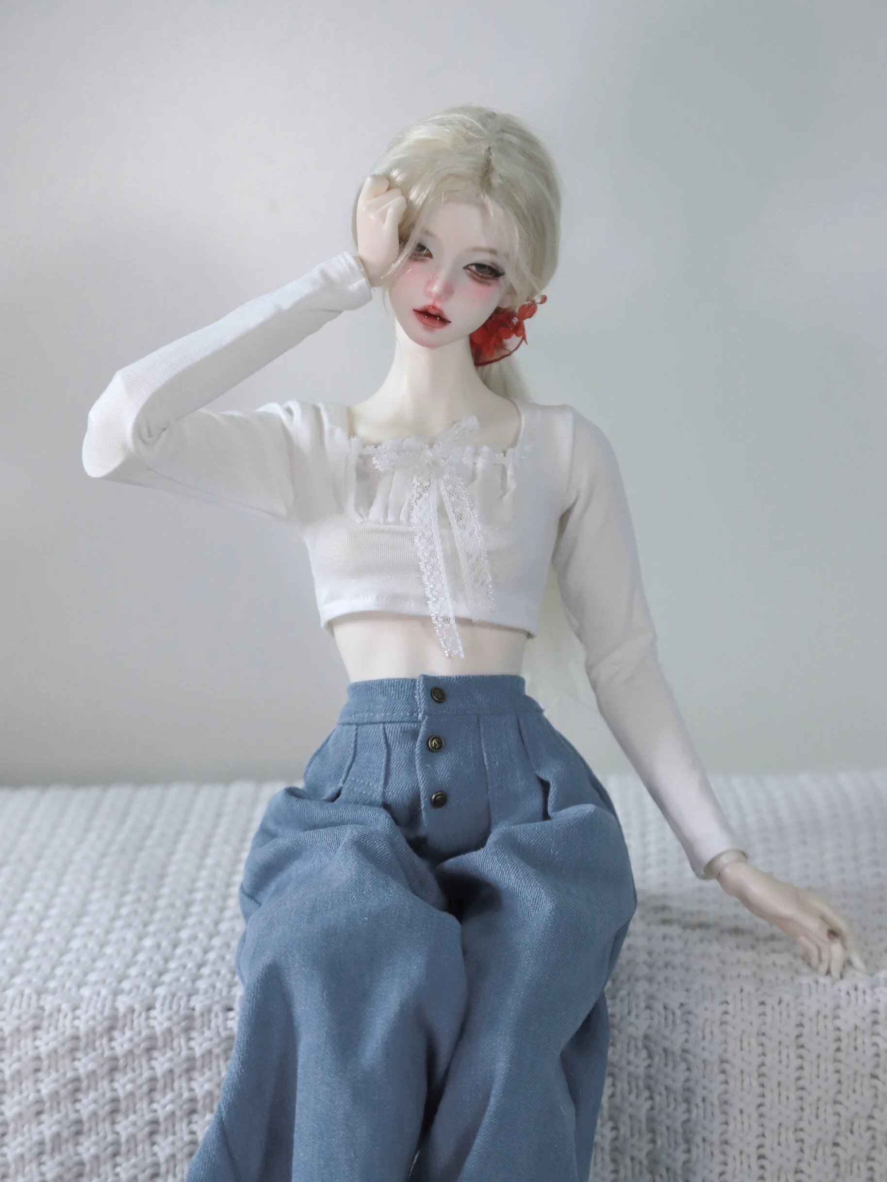 D09-P290 children handmade toy   1/4 MSD 1/3 BJD Doll clothes Long sleeved lace up top and wide leg jeans