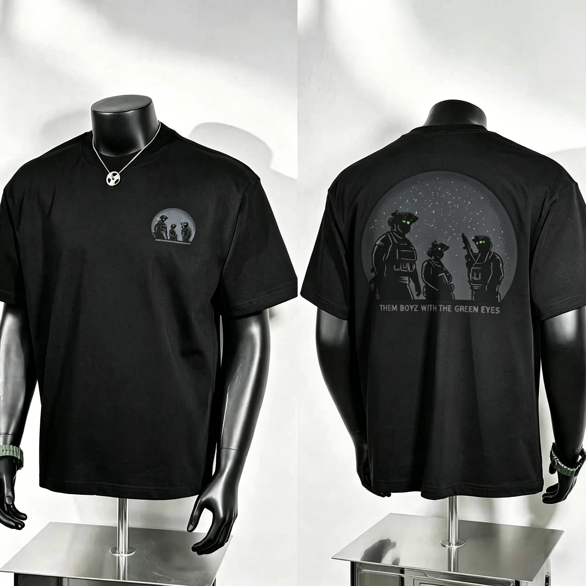 Starry Night Silhouette Art T Shirt, Them Boyz with The Green Eyes Slogan and Night‑vision Tactical Operators Back Print
