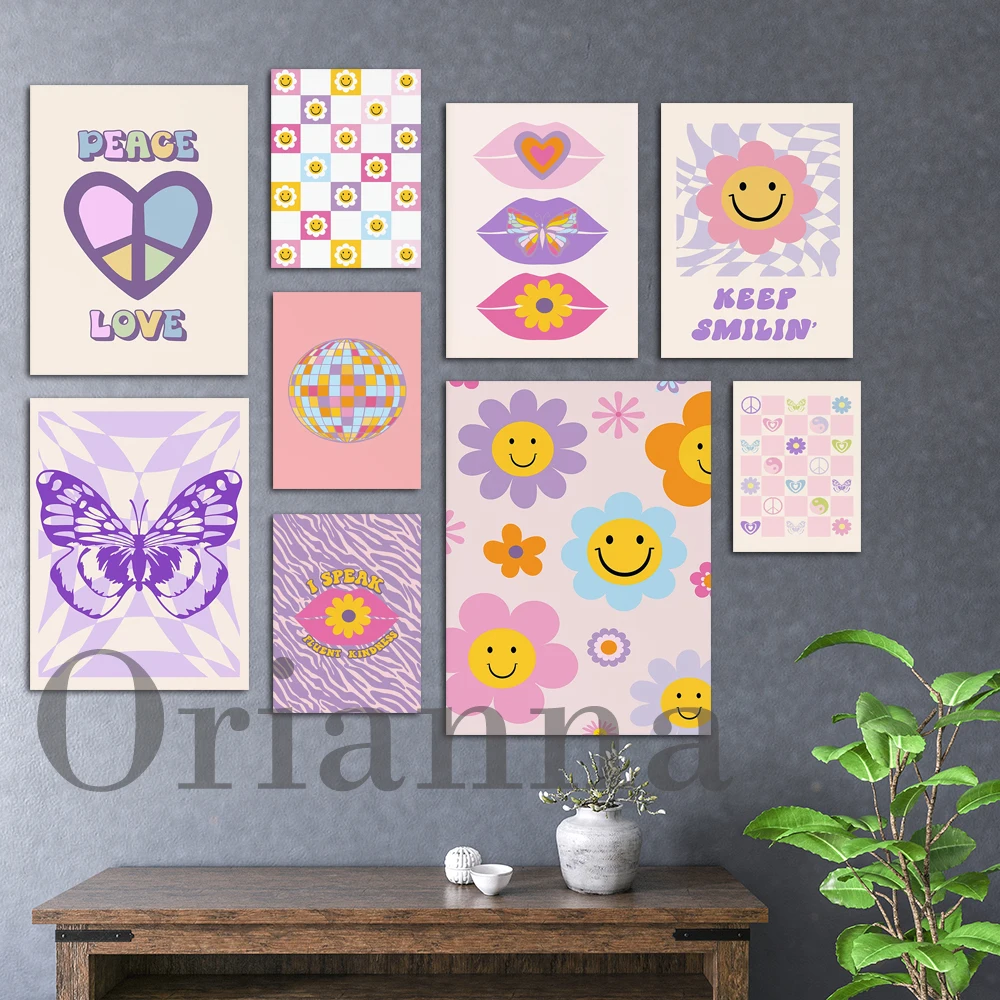 Danish Pastel Decor Peace Love Print Checkerboard Flower Lips Smiley Face Disco Ball Butterfly Wall Art Y2k Poster 90s Aesthetic