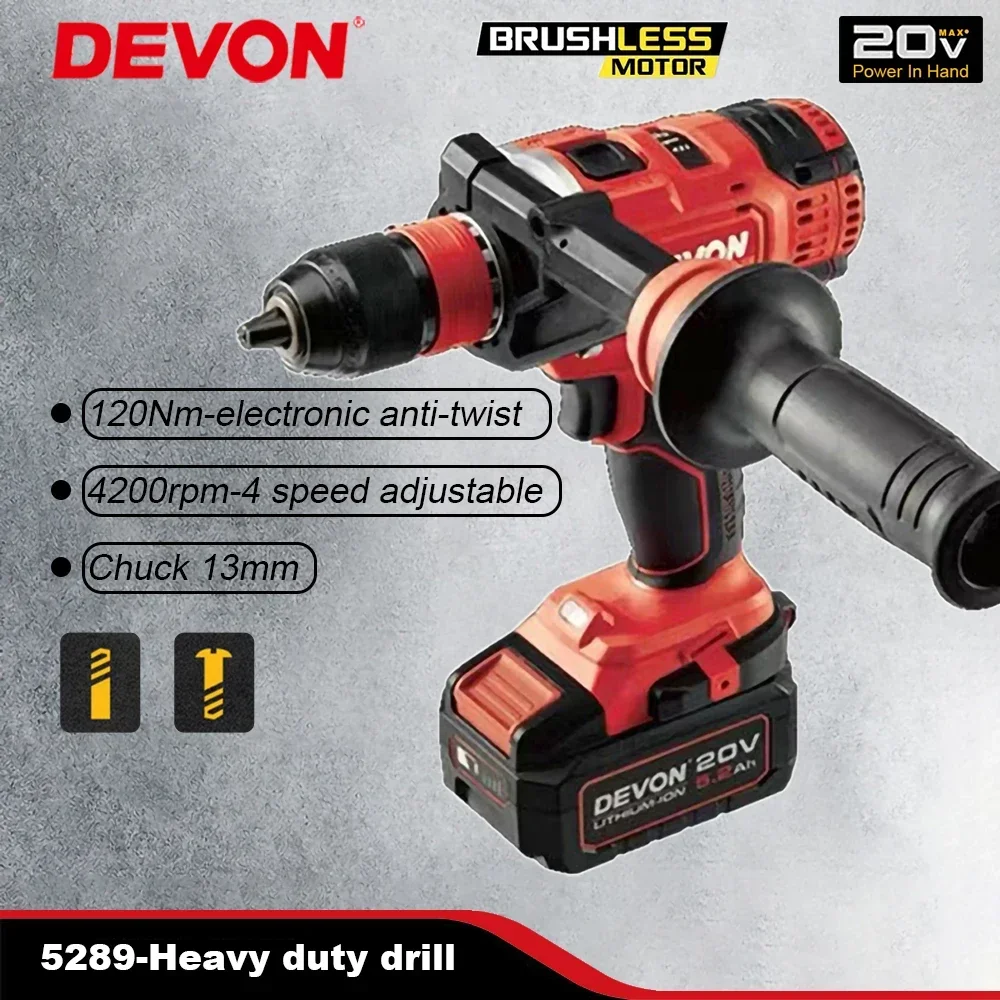 Devon Heavy Duty 5289 Wireless Electric Drill Brushless Industrial 20v Max120Nm 4200rpm 4 Speed Adjustable Share Flex Battery