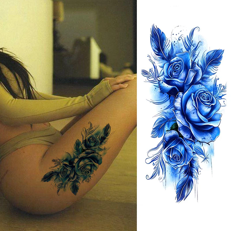 Tattoo Stickers Cool Blue Rose Feather Flower Element for Men Women Temporary Waterproof Festive Party Half Arm Makeup Body Art