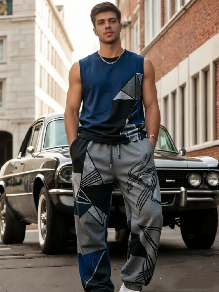 Men's Color Block Geometric Patch Print Sleeveless Tank Top Drawstring Cuff Sweatpants Two Piece Hip Hop Streetwear Set