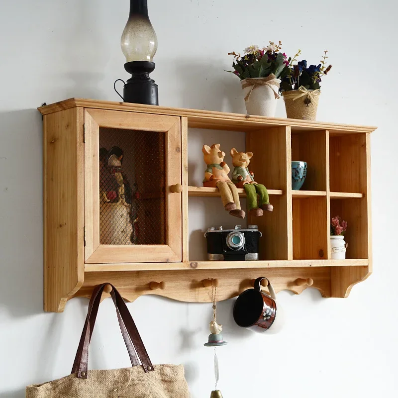 Solid wood retro storage wall rack cup with creative wall hanging cabinet