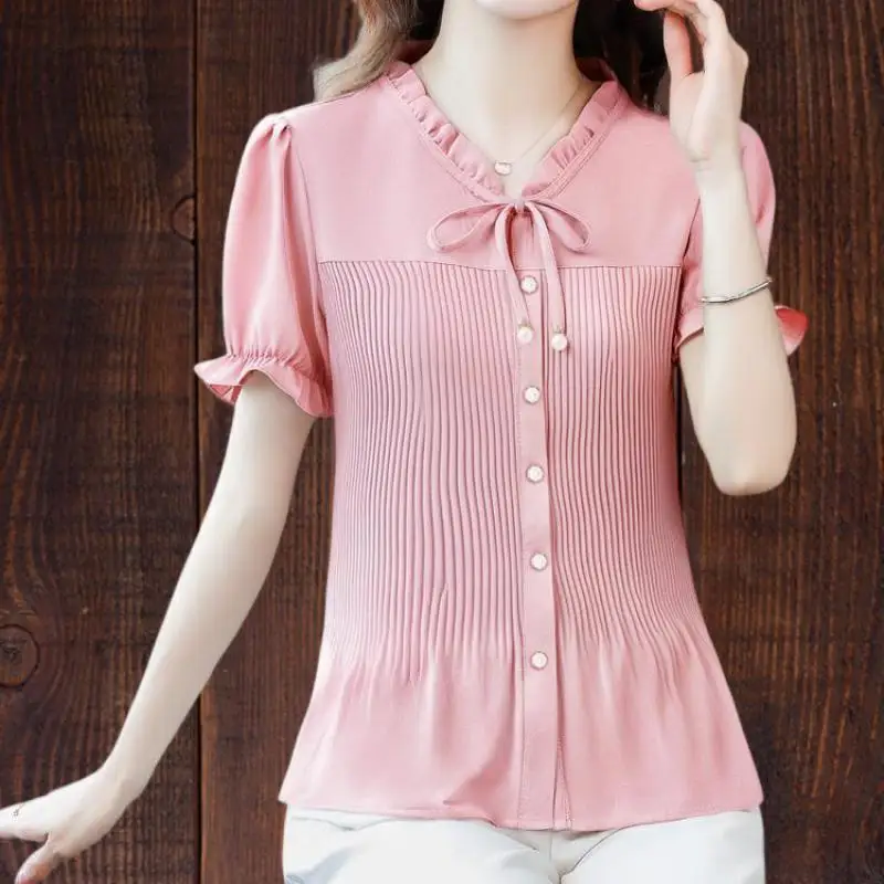 

Loose Clothes Women 2025 Summer Flare Sleeve Office Lady Bow Blouse Button Ruffle Retro Vintage Red Pink Shirts Tunic Peplum Top