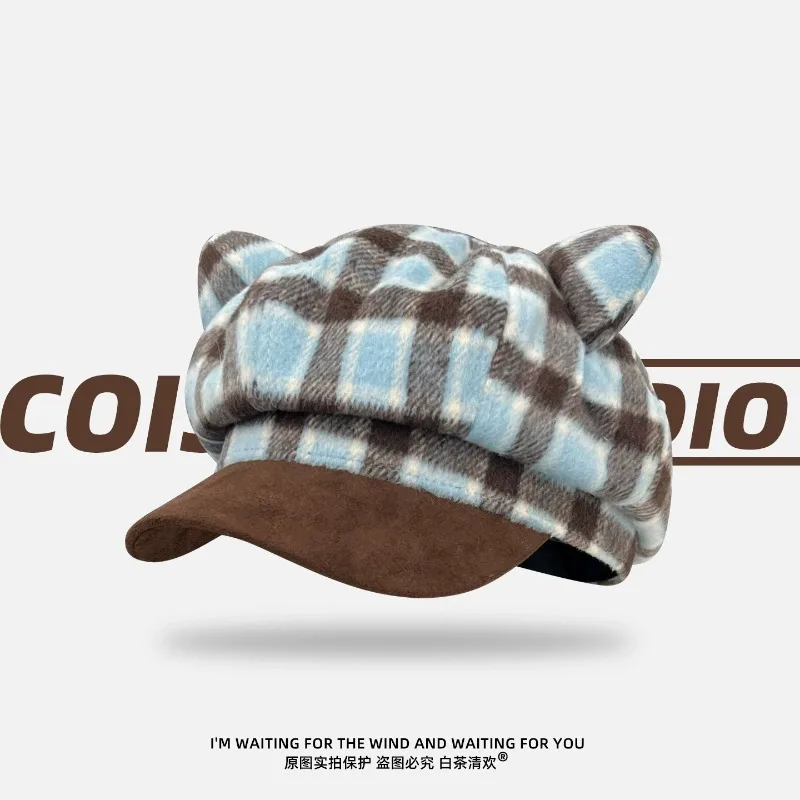 Women Cute Cat Ear Berets Retro Plaid Woolen Octagonal Hat Suede Splicing Short Brim Cloud Painter Hat Winter Casual Newsboy Cap