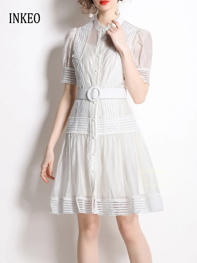 

White Lace patchwork dress with belt 2024 New Elegant Short puff sleeve dresses Vintage High quality Vestidos Summer INKEO 4D061