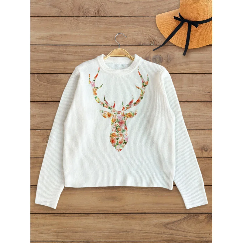 

Rose Deer Head Print Pattern Women's Knit Pullover Thick, Oversized Crew Neck Long Sleeve Fall/Winter Fashion Style