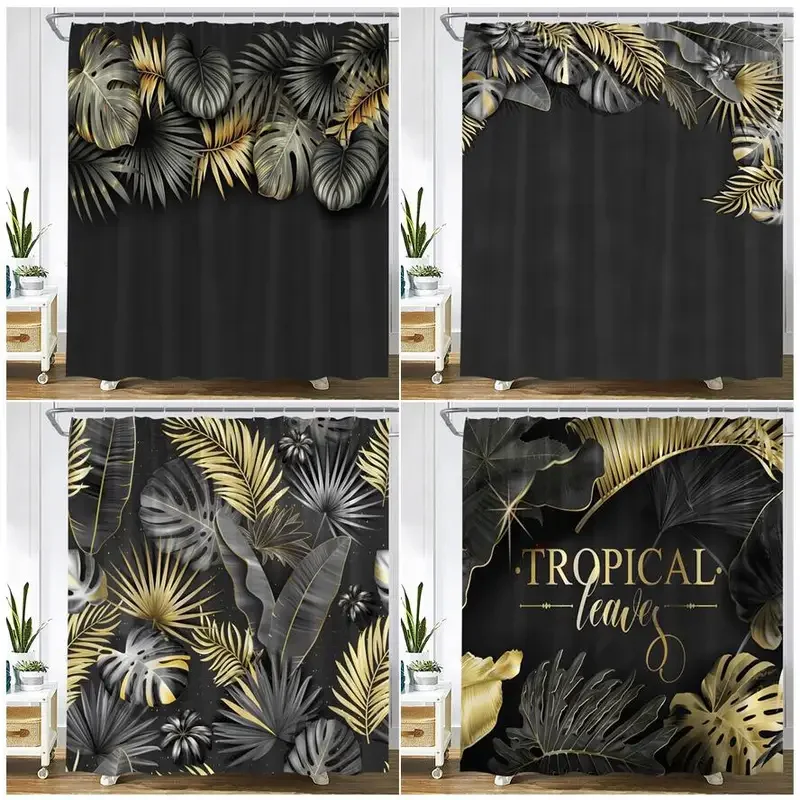 Black Gold Leaves Shower Curtains Tropical Plant Palm Leaf Monstera Flowers Modern Home Hanging Curtain Bathroom Decoration Set