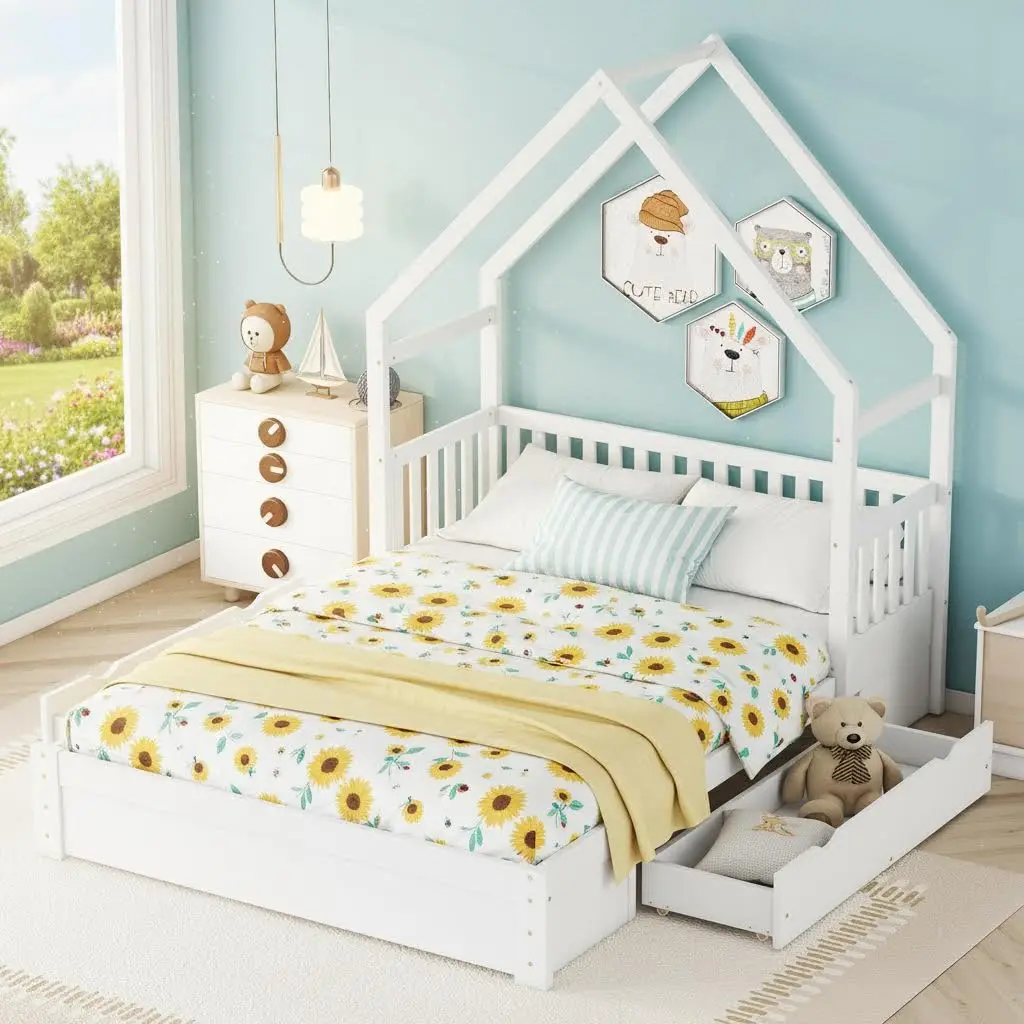 

Queen Size Montessori House Floor Bed with Drawers, Platform House Bed Kids Solid Wood with Storage for Kids, White, Customized