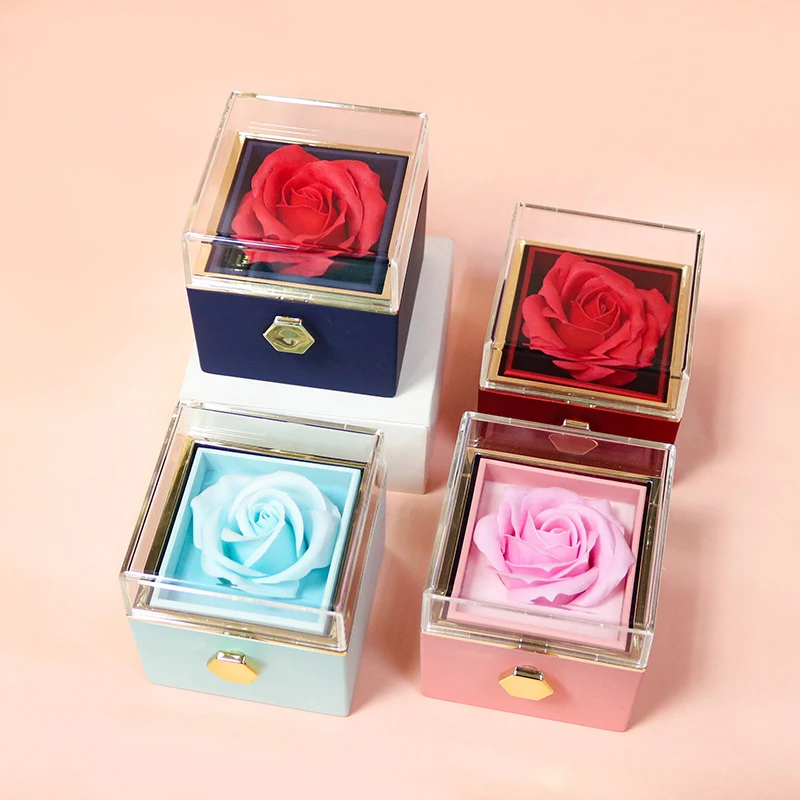 Rotation Rose Jewelry Gift Box Valentine's Day Marriage Acrylic Ring Boxes Necklace Storage Rose Jewelry Display Rack