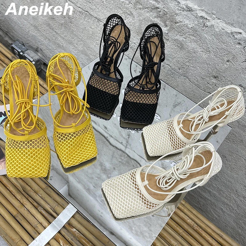 Aneikeh 2024 Summer Sexy Mesh Pumps Sandals Female Square Toe High Heel Lace Up Cross-Tied Stiletto Hollow Dress Party Shoes