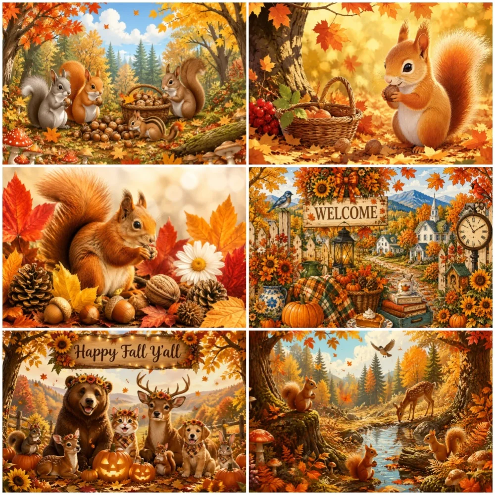 Herbst-Wald-Themen-Party-Dekoration Hintergrund Eichhörnchen Ahornblatt Kürbis Tier Dankesfest Hintergrundwand Banner