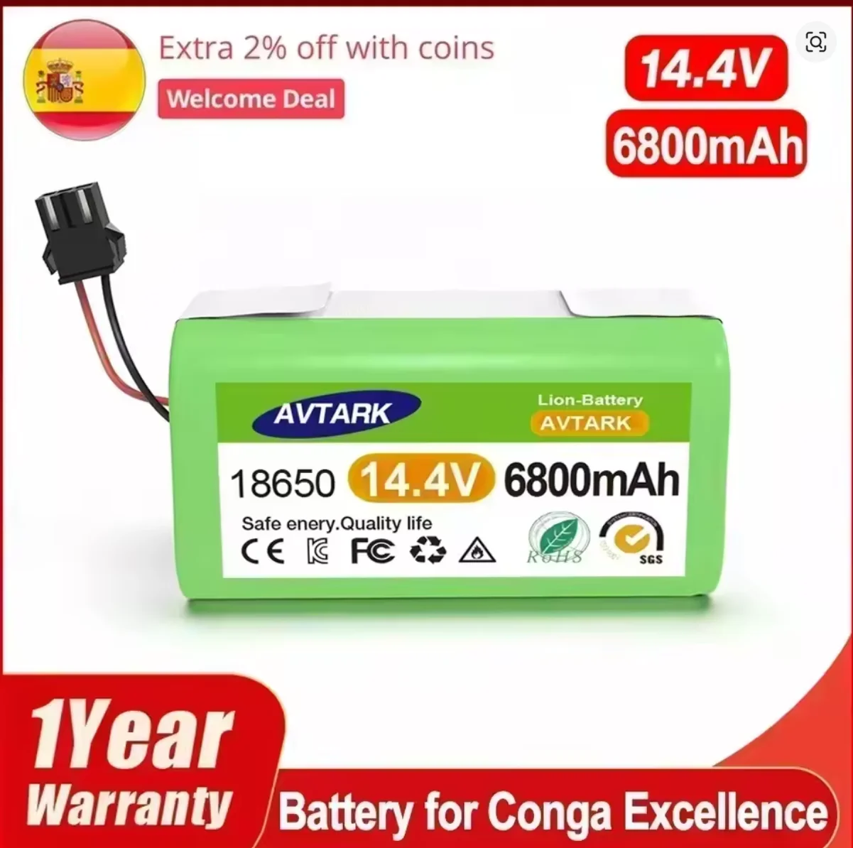 

14.4V 6800mAh Original Battery - Replacement for Robovac 11/Tesvor X500 & Conga Excellent 990/1090/1790/1990/Deebot N79S/N79/DN6