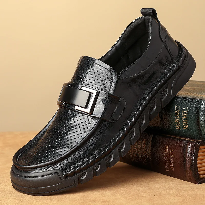 

Summer Autumn New Hallow Loafers for Men Black Fashion Casual Cow Leather Shoes Male Black Soft Sole Designer Shoe Man