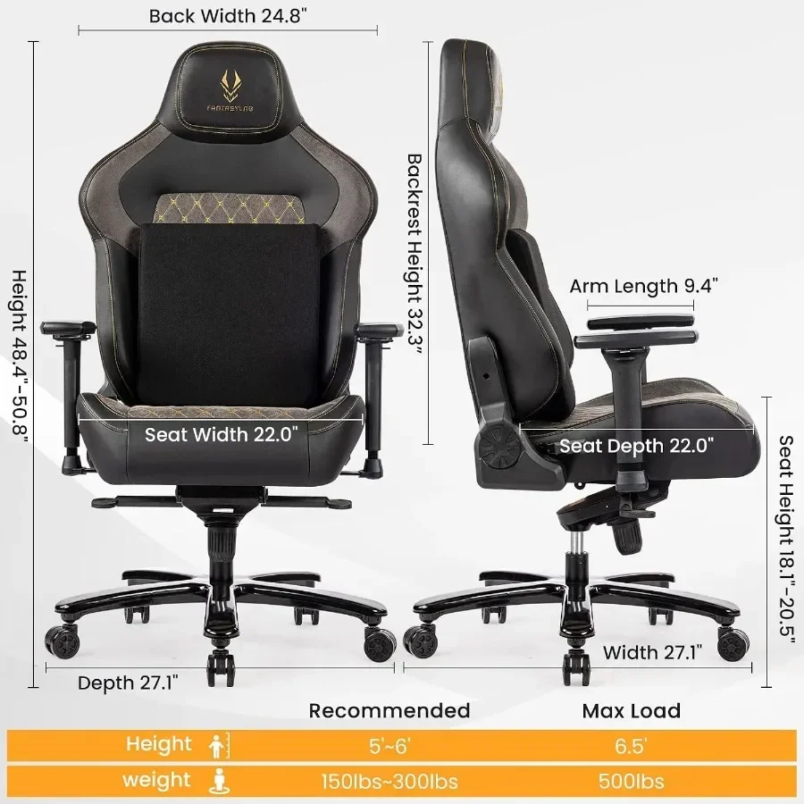 Big and Tall Gaming Chair for heavy people, steel base, black, 440LBS capacity with memory foam lumbar support and 4D adjustabl