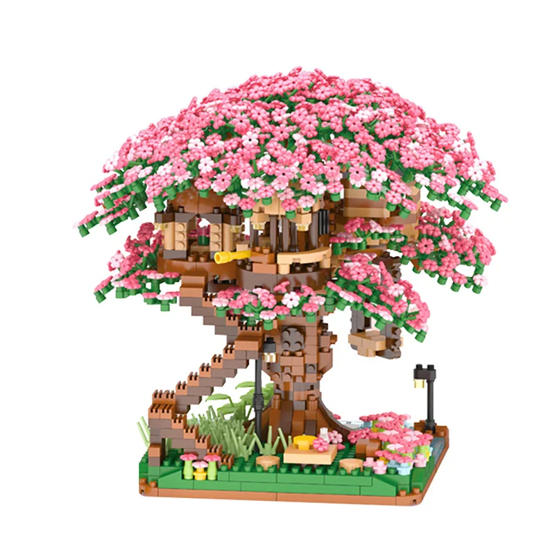 Kersenbonsaai Boom Bouwstenen Set DIY Sakura Bloesem Planten Bakstenen met Licht Boomhut Model Romantisch Cadeau voor vriendin