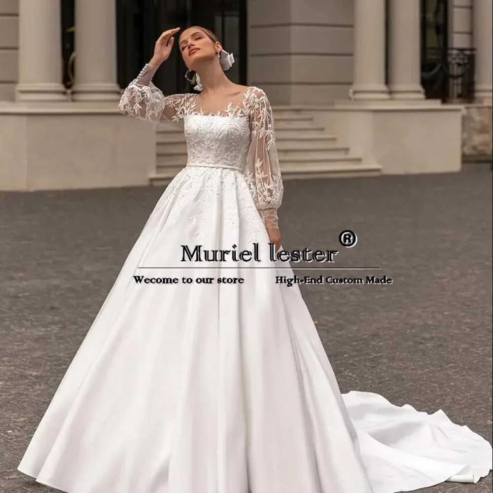 Rotterdam Kly-Robe de Mariée en Satin Plissé à Manches Bouffantes et Col Rond pour Femme, Vêtement de ixFormel