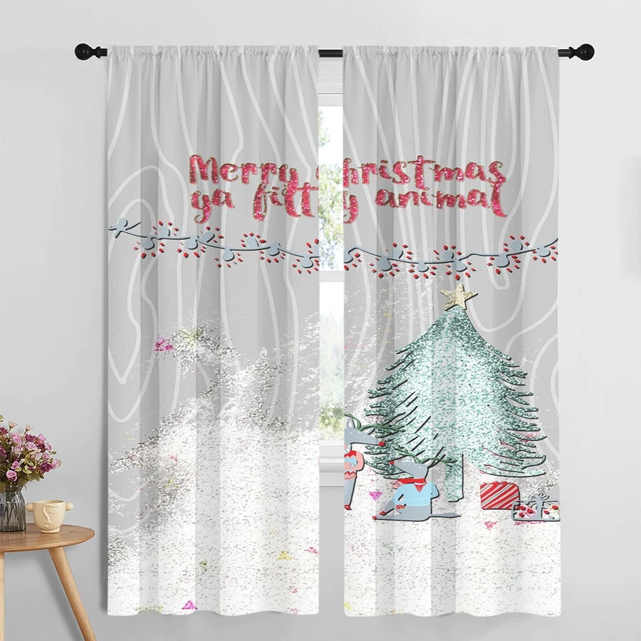 2PCS Digital Print Curtains, Minimalist Doodle Merry Christmas Lights Reindeer Tree Gray Background, Modern Simple Style - Chris