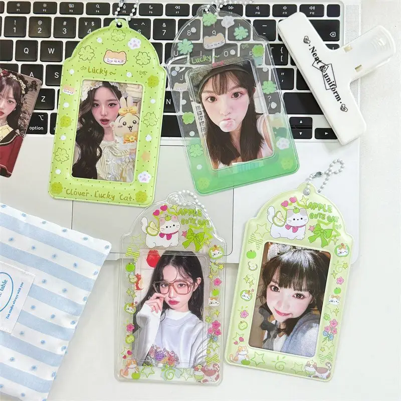 2pcs Cute Cartoon Cat Card Holder Green Tone Ins Style PVC Kpop Idol Photo Storage Pendant image 2