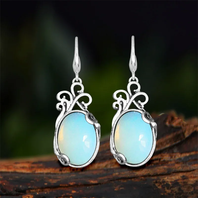 Vintage Natural Jades Dangle Earrings For Women Antique Silver Plated Pink Quartz Natural Stone Fashion Earring Jewelry