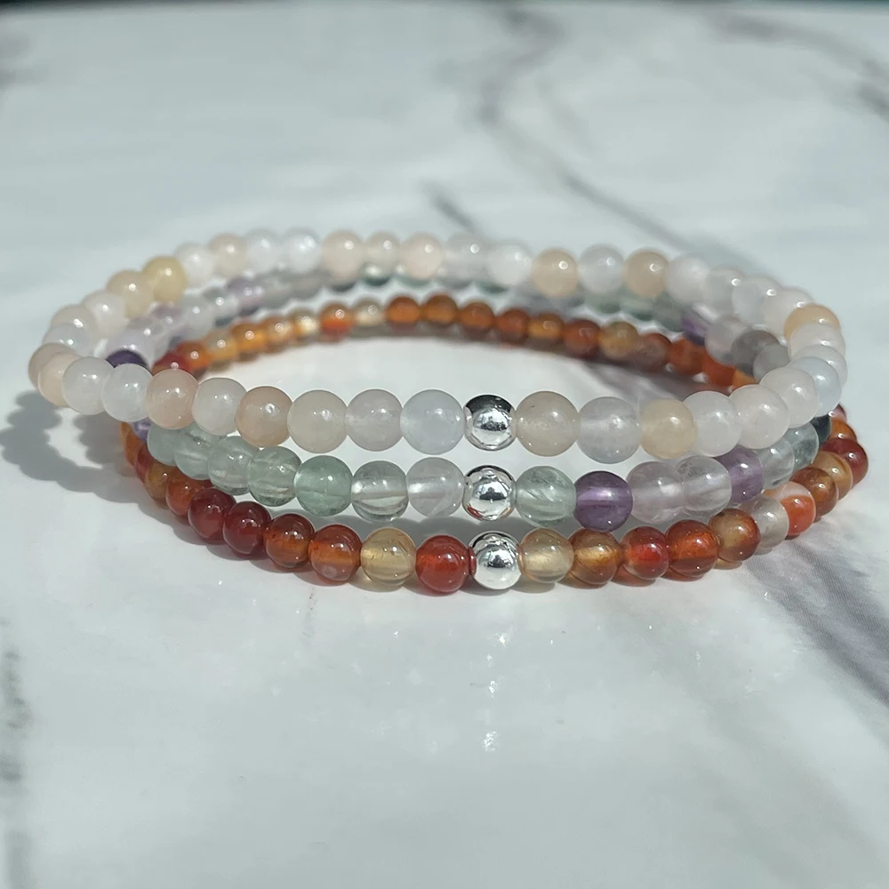

MG2026 4 MM Rainbow Flourite Pink Aventurine Red Agate Bracelet Set Womens Mini Gemstone Wrist Mala Jewelry