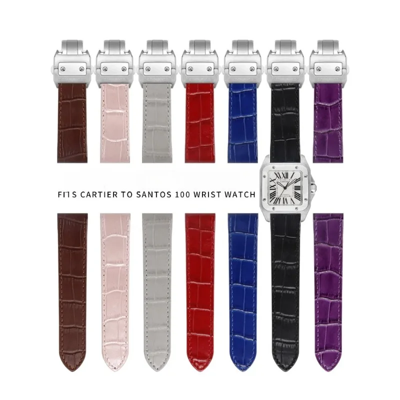 20mm 23mm High Quality Genuine Leather Watch Strap For Cartier Watchband Santos 100 Series Men's And Women Folding Buckle