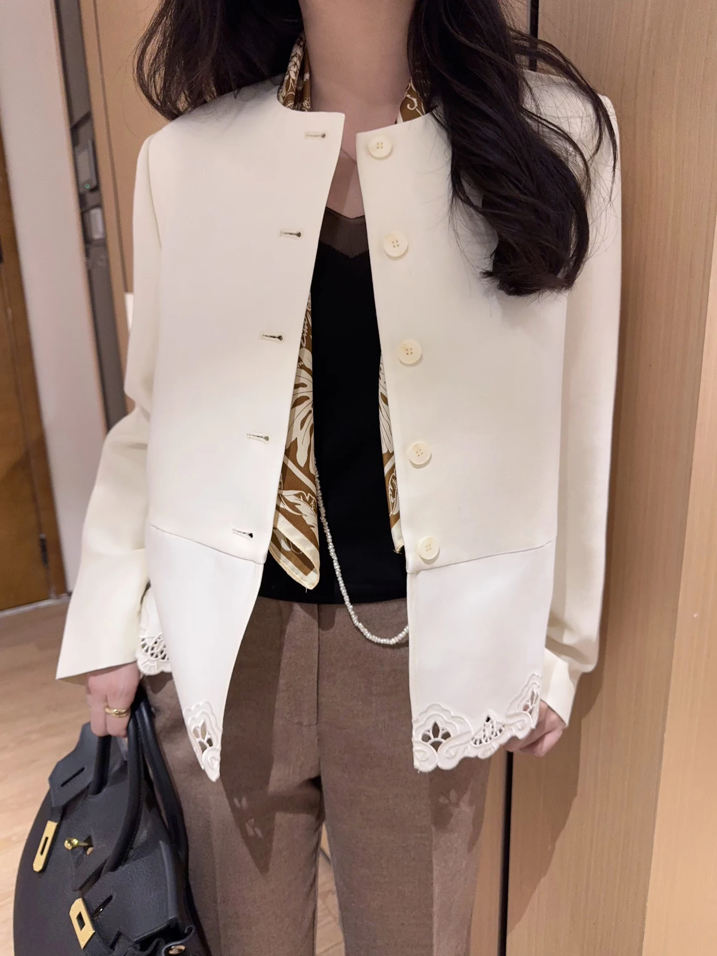 

Elegant Luxury Satin Wool Short Jacket White Embroidered Hollow out Trim Warm French Style Women's Fashion Autumn Outerwear