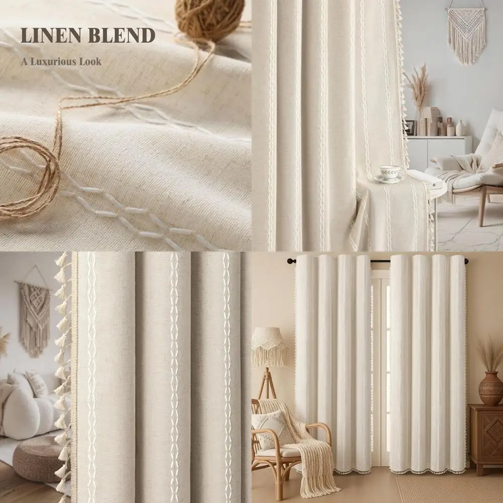 

Льняные текстурированные шторы в стиле фермерского дома, бежевые с кистями и хлопковой вышивкой, 84 дюйма, 2 панели для гостиной и спальни