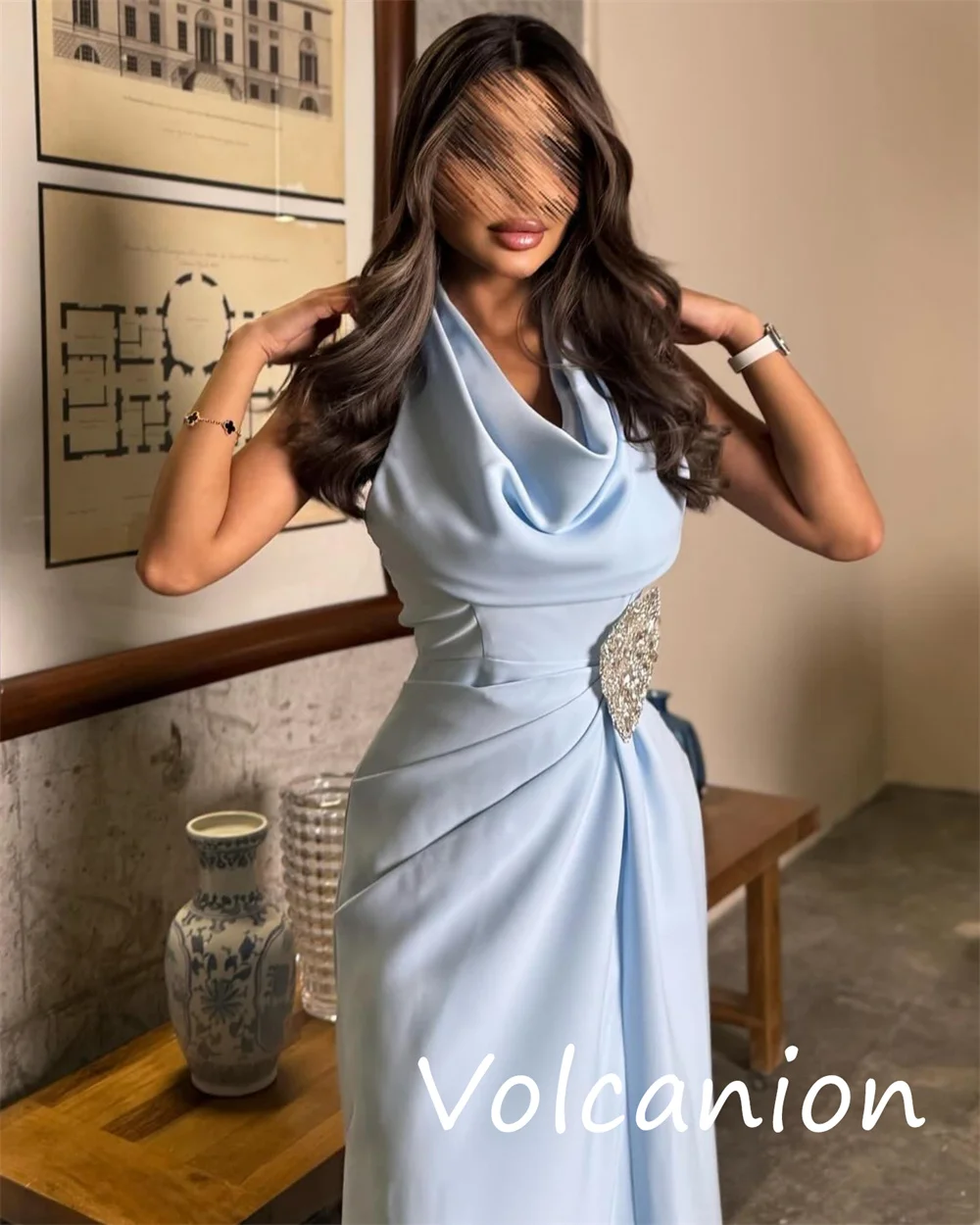 Customized Intricate Jersey Sequined Pleat A-line Backless Midi Dresses Bespoke Occasion Fashion Matching