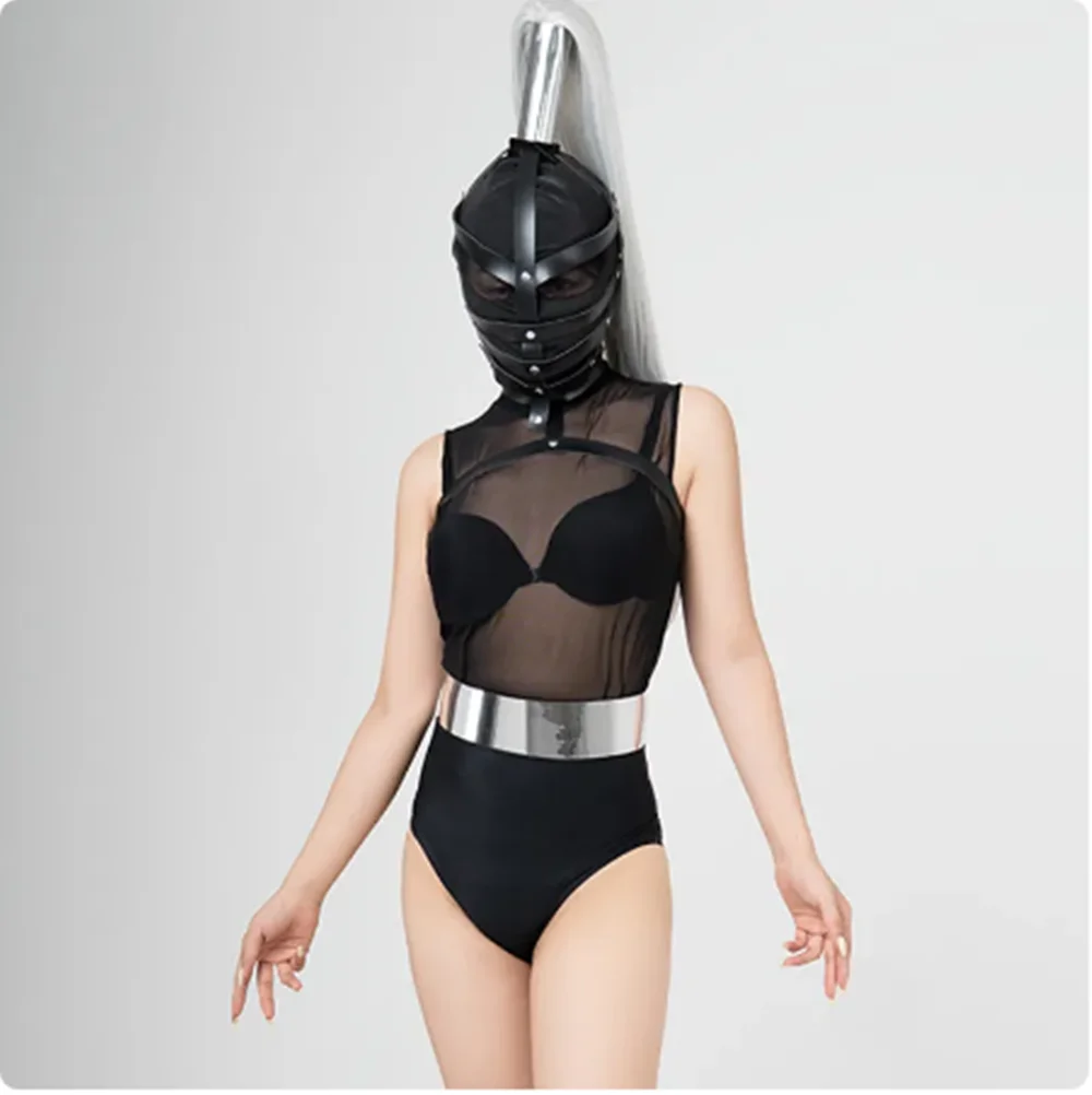 

Bar Nightclub Gogo Dancer Stage Outfit Sexy Mesh Bodysuit Pu Leather Headgear Halloween Costume Rave Festival Clothing