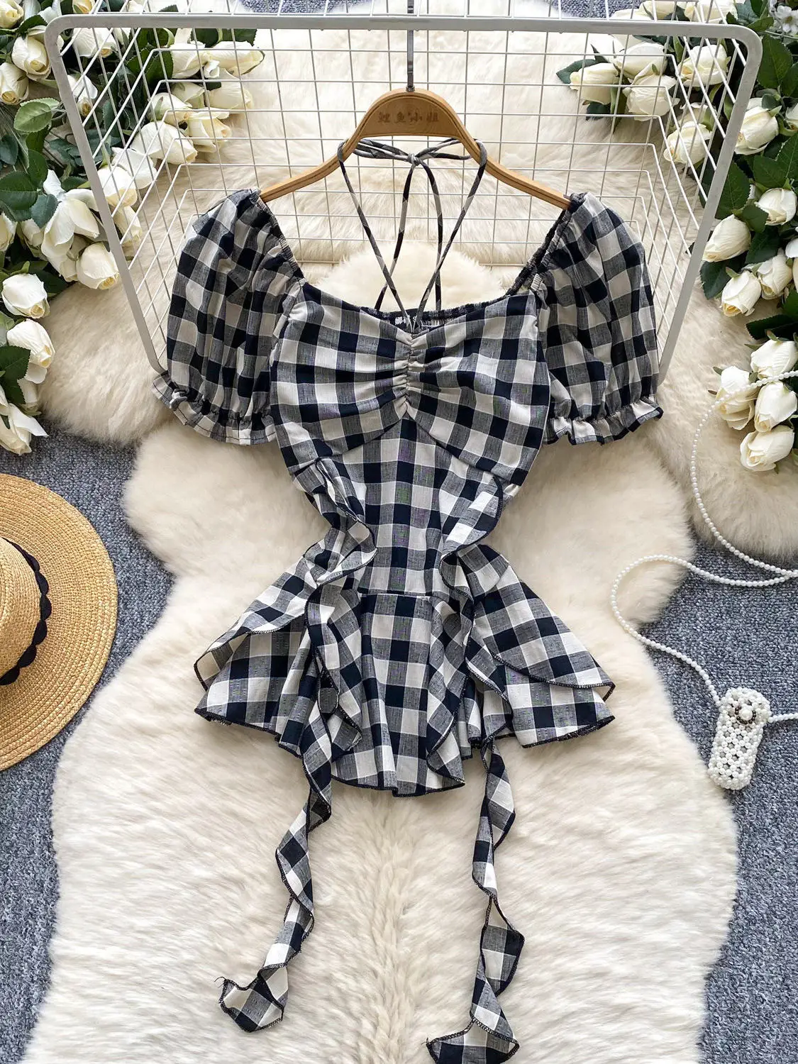 

Plaid Halter One-shoulder Puff Sleeve Shirt for Women New Fashion Summer Ribbon Slim-fitting Blouse Tops Clothes