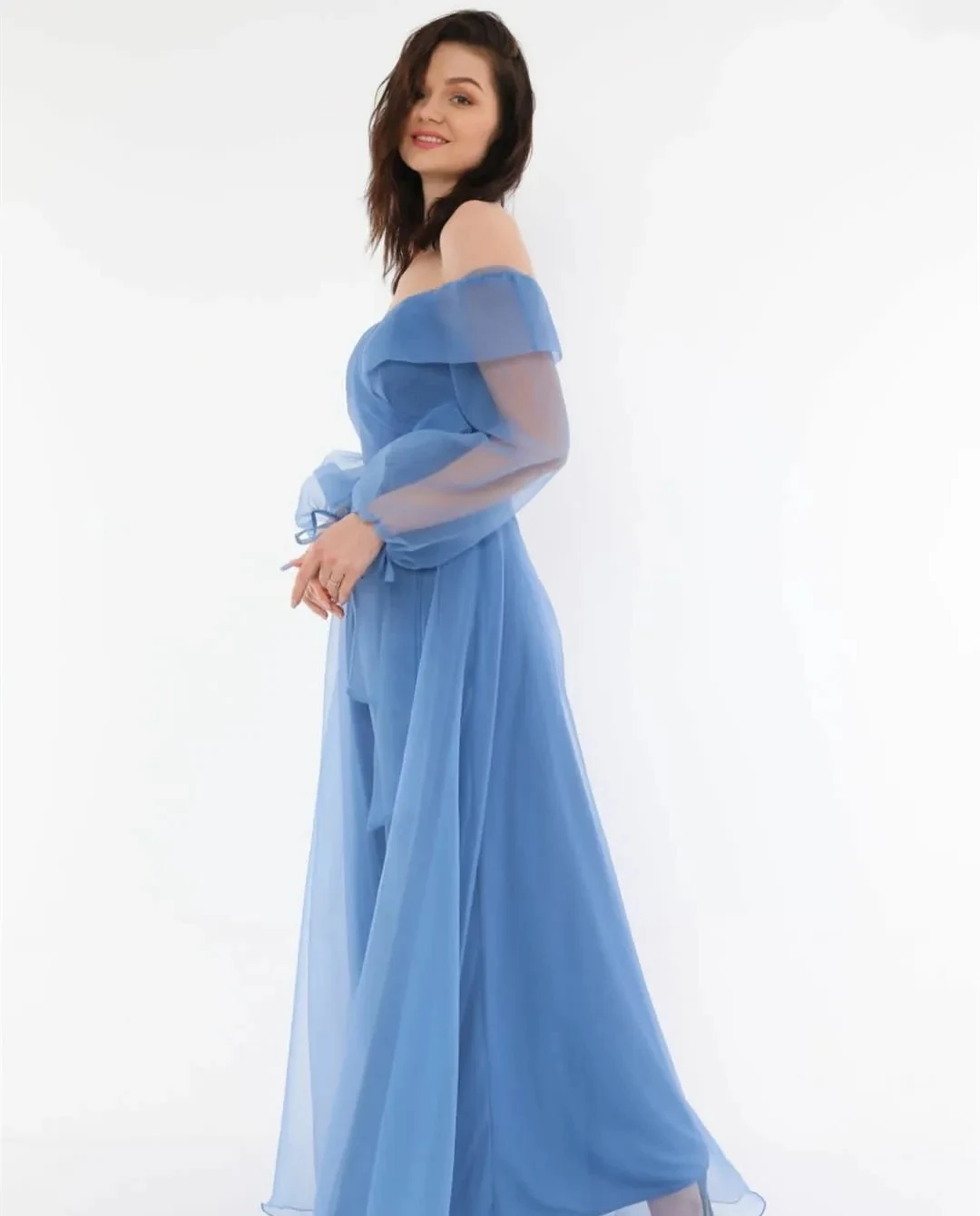 Off Shoulder Evening Dresses Side Slit A-Line Blue Party Gown Long Organza Formal Gowns Floor Length With Bow Prom Dresses