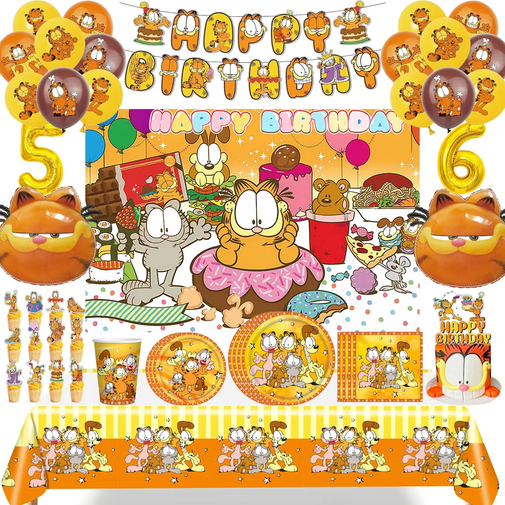 

MINISO Garfielded Birthday Party Decoration Tableware Cup Plate Banner Backdrop Cat Balloons Party Kids Baby Shower Supplies