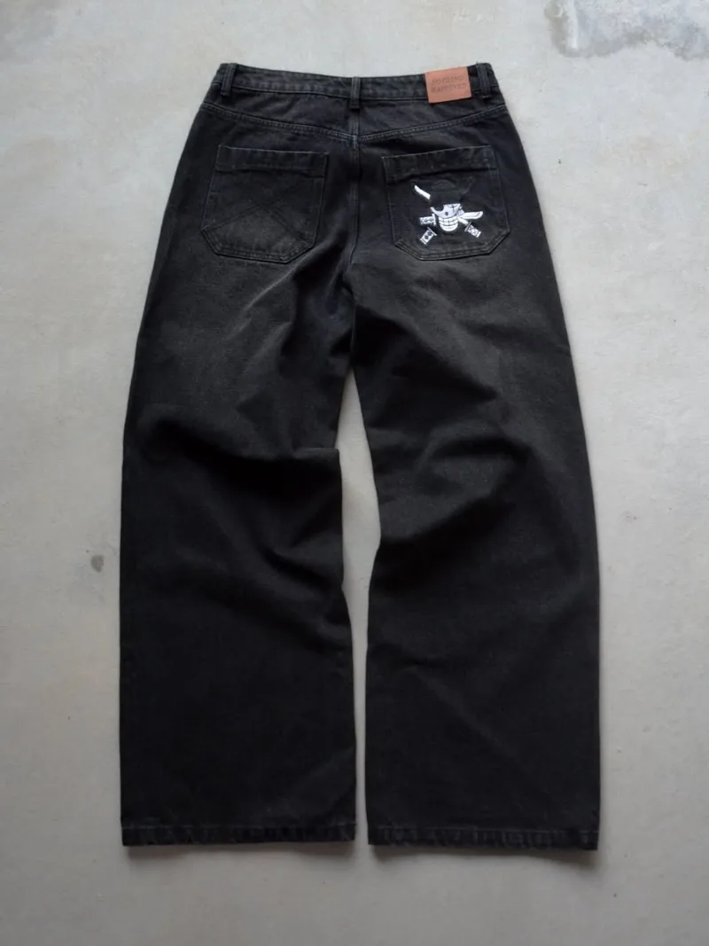 

Y2K street retro black skull pattern embroidered loose jeans Hip-hop fashion rock men wide-leg pants Gothic Harajuku pants