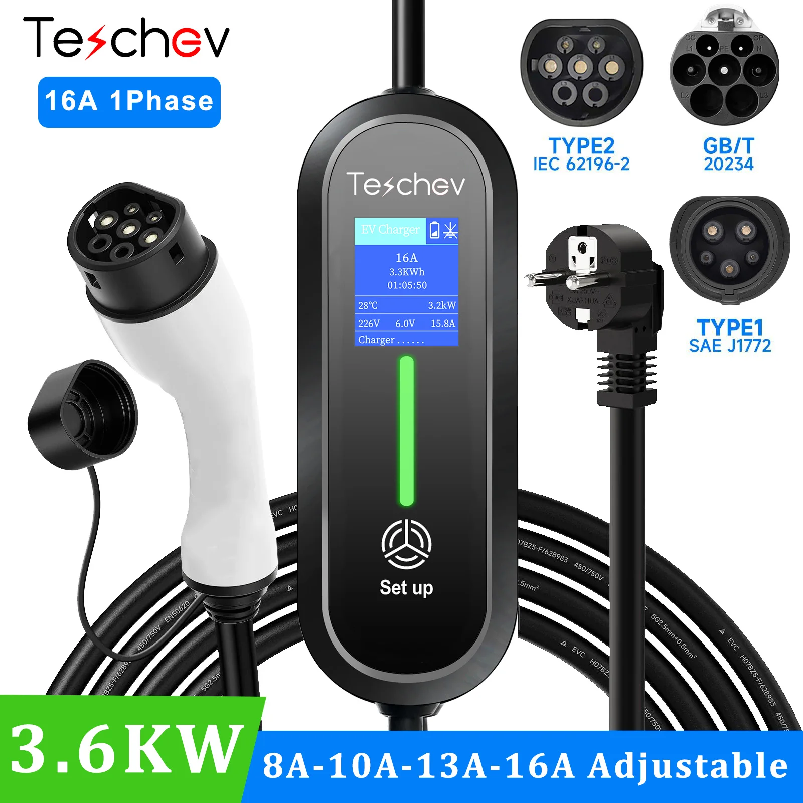 

Teschev 3.6KW EV Portable Charger 220V Type2 16A 1Phase Type1 / GBT Plug Connector Wallbox Charging Station For Electric Vehicle