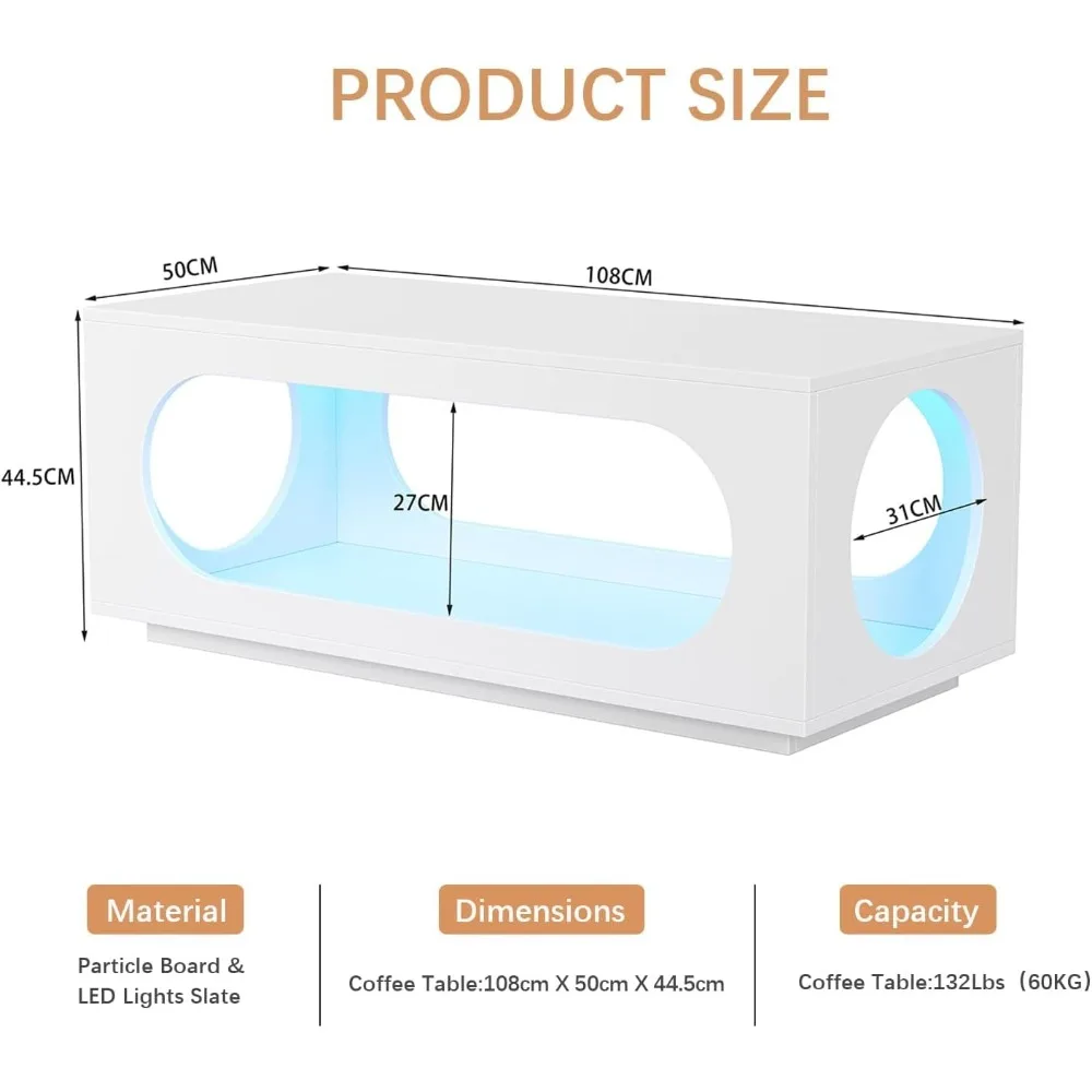 43" White Led Coffee Table for Living Room, Modern Living Room Table Rectangular Contemporary Center Table with Storage, Wooden