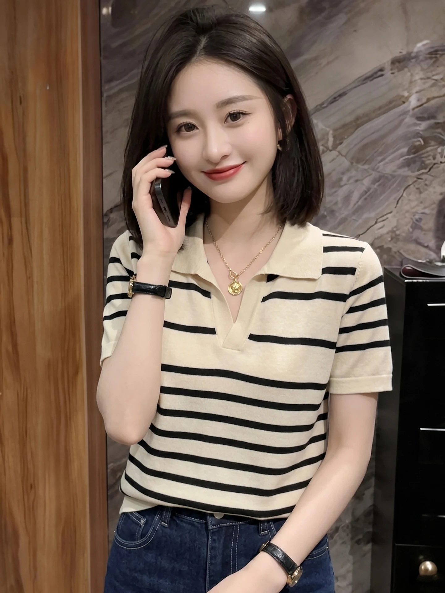 Slimming Stripe Design Knitwear Casual Lightweight Short Sleeve Turn-down Collar Summer Elegant Top for Women